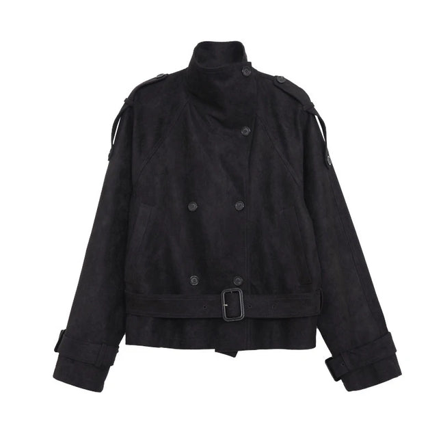 Elegant Suede Women Jacket Turn Down Collar Double Breasted Belt Waist Slim Jackets 2026 Autumn Winter Female Fashion Tops