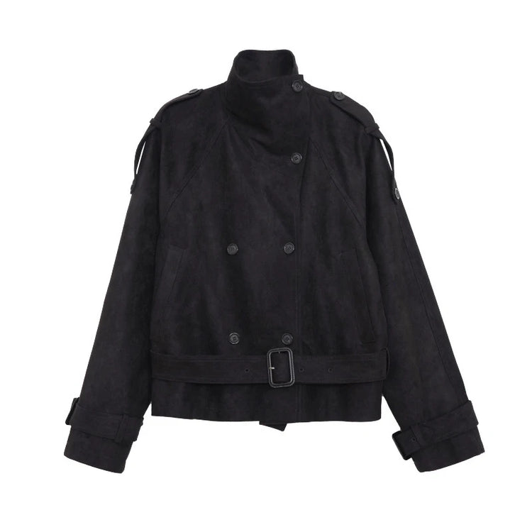 Elegant Suede Women Jacket Turn Down Collar Double Breasted Belt Waist Slim Jackets 2026 Autumn Winter Female Fashion Tops