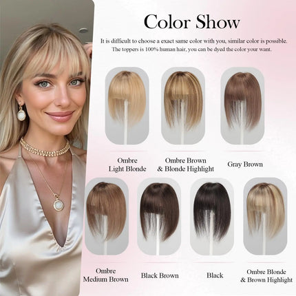 Ombre Light Blonde Real Human Hair Toppers with Swiss Lace Base Hair 3D Air Bangs 10inch Human Hair Topper for Women Hair Loss