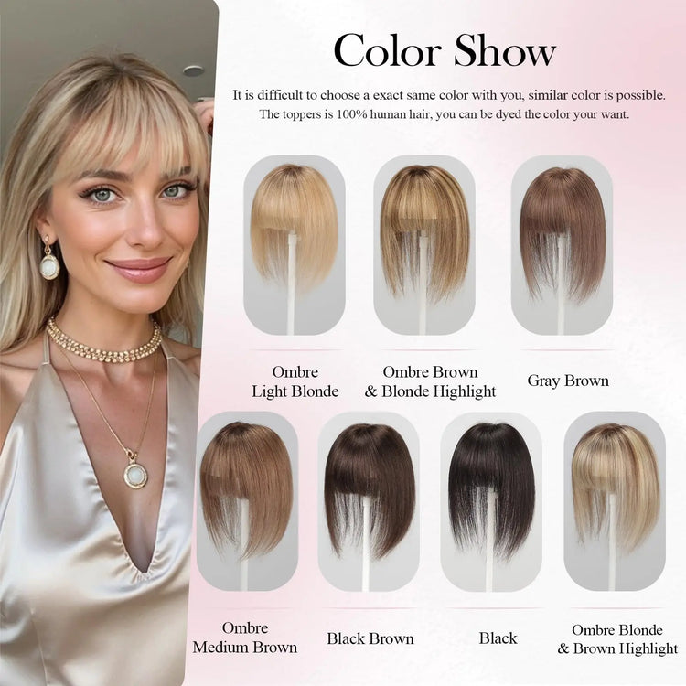 Ombre Light Blonde Real Human Hair Toppers with Swiss Lace Base Hair 3D Air Bangs 10inch Human Hair Topper for Women Hair Loss