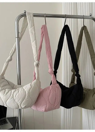 Puffer Shoulder Bag for Women Soft Down Cotton Padded Tote Handbag Purse Quilted Cross Body Bag Solid Color Bubbles Cloud Bag PlatiNum