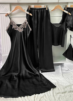 Set da notte in raso da 5 pezzi abito sottoveste in pizzo Cami Top pantaloncini con volant pantaloni da salotto pigiameria da notte da donna