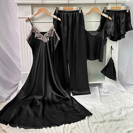 Set da notte in raso da 5 pezzi abito sottoveste in pizzo Cami Top pantaloncini con volant pantaloni da salotto pigiameria da notte da donna