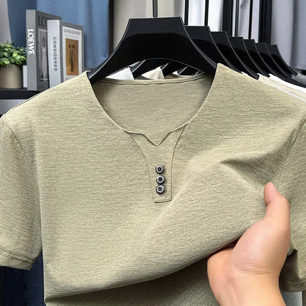 2025 New Men's Business Casual Three Button V-neck Short Sleeved T-shirt Korean Style Summer Comfortable Versatile Top PlatiNum