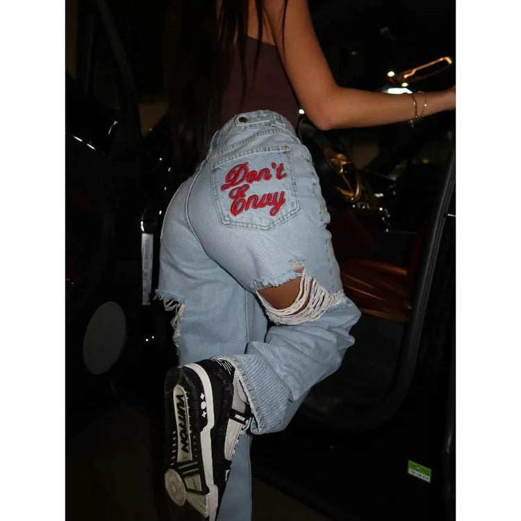 Embroidered ripped jeans for women Low Rise Straight Jeans Classic Regular Fit Denim Pants Comfortable Stretch  vintage clothes