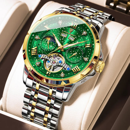 POEDAGAR Top Orologio da uomo originale Orologio meccanico automatico da uomo in acciaio inossidabile Calendario Hollow Tourbillon Orologio da uomo Maschio + scatola platinumshop