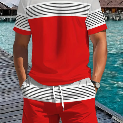 2026 Summer New Arrival Men's Casual Two-piece Set 2026 Striped Print Short Sleeve Shirt and Sports Shorts Men's Fitness Set