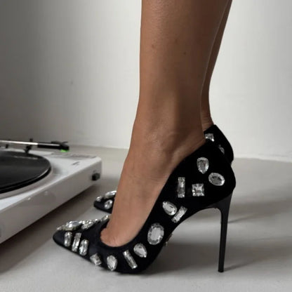 Autumn new pointed toe shallow silk rhinestone single shoes banquet dress large size thin heel high heel customized women's shoe