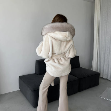 DFDG 2026 Women Hooded Faux Fur Coat Belted Waist Tie Big Fur Trim Collar Long Sleeve Outerwear Warm Luxury Overcoat Winter Fur