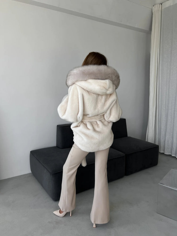 DFDG 2026 Women Hooded Faux Fur Coat Belted Waist Tie Big Fur Trim Collar Long Sleeve Outerwear Warm Luxury Overcoat Winter Fur