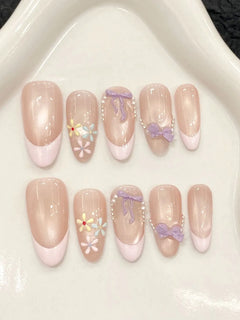 10pcs Handmade Press on Nails French Cat Eye Pink Bow Decor Korean False Nails Wearable Full Cover Ins Almond False Nail Tips