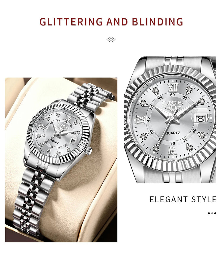 Orologio da Polso LIGE di Lusso con Strass per Donna, Cinturino in Acciaio Inossidabile, Movimento al Quarzo, Regalo, Reloj Mujer platinumshop