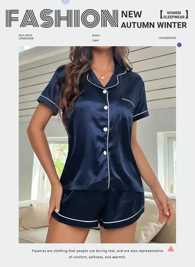 Pigiama da donna in raso di seta estivo Set Top e pantaloncini abbottonati 2 pezzi indumenti da notte colletto dentellato indumenti da notte Loungewear per le donne platinumshop