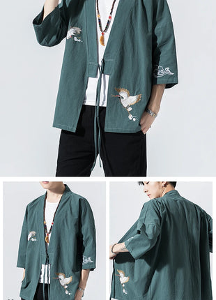 Camicie gru ricamate stile cinese retrò cotone lino Tang vestito Cardigan Mens tradizionale Kung Fu Tai Chi Casual Top camicette