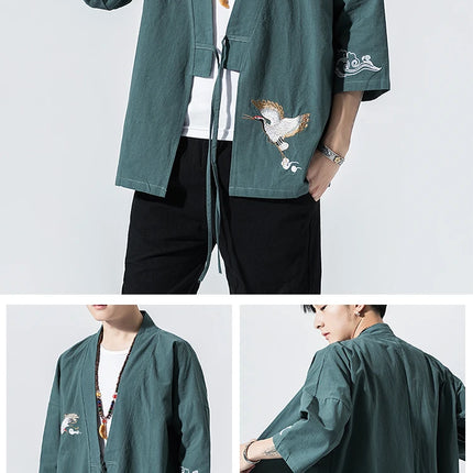 Camicie gru ricamate stile cinese retrò cotone lino Tang vestito Cardigan Mens tradizionale Kung Fu Tai Chi Casual Top camicette