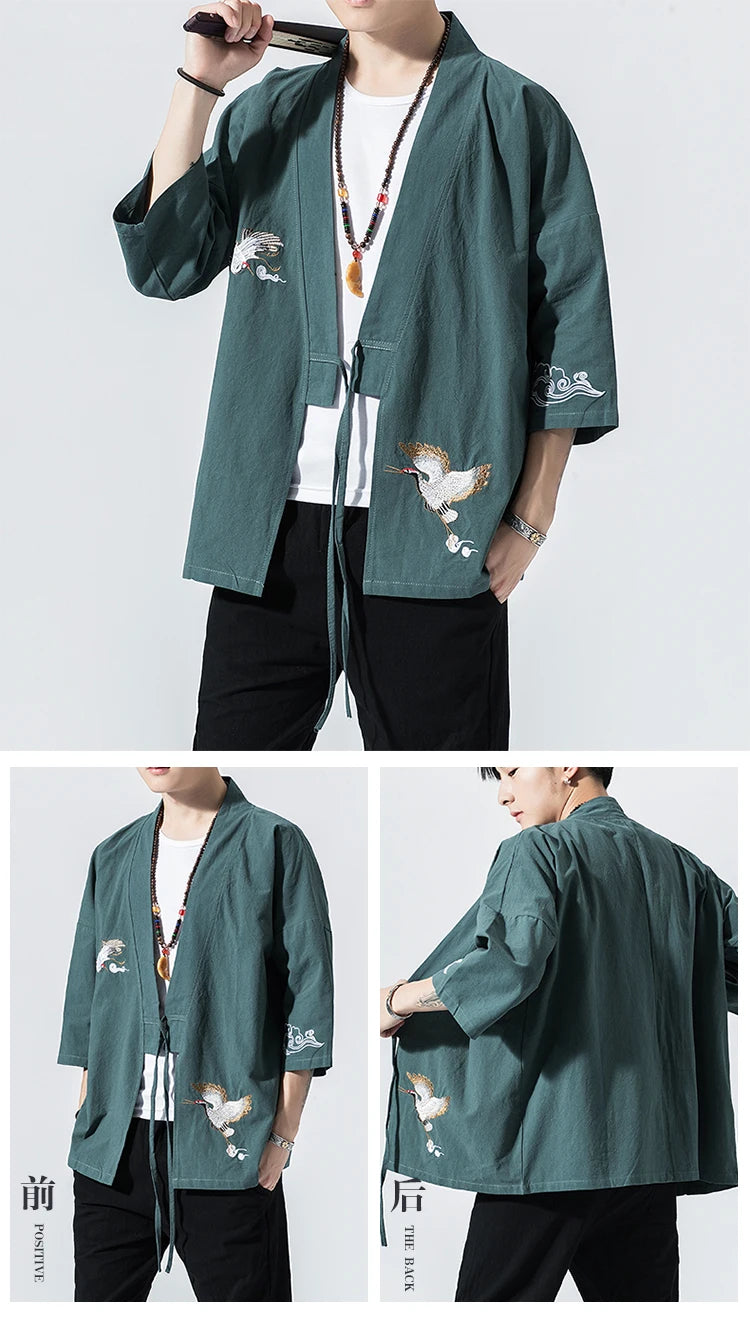 Camicie gru ricamate stile cinese retrò cotone lino Tang vestito Cardigan Mens tradizionale Kung Fu Tai Chi Casual Top camicette