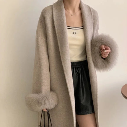 Lace Up Lapel Cashmere Wool Coat For Women's Winter Fashion Female Woolen Jackets Fur Long Sleeve Loose Overcoats