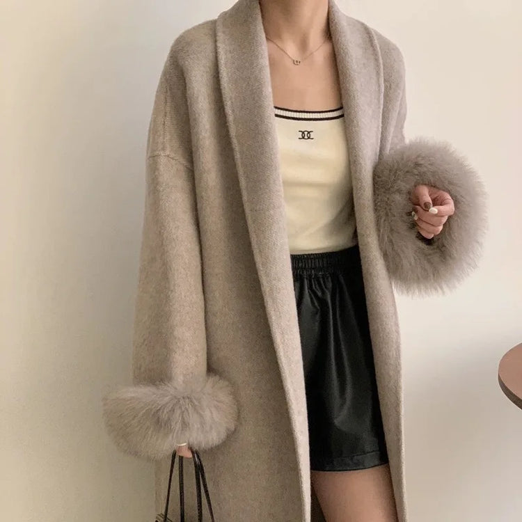 Lace Up Lapel Cashmere Wool Coat For Women's Winter Fashion Female Woolen Jackets Fur Long Sleeve Loose Overcoats