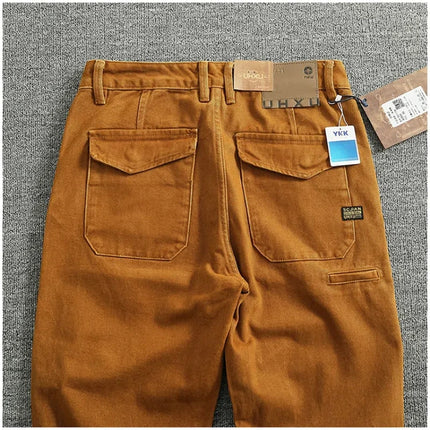 Retro heavy simple cargo pants men's loose straight leg casual pants pure cotton twill woven 3D vertical cut cone pants