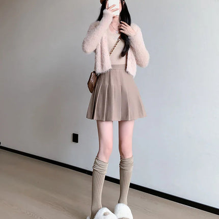 Autumn Winter Woolen Pleated Skirts Women New Korean High Waist Slimming Mini Skirt Ladies Preppy Style Side Zipper A-Line Skirt PlatiNum