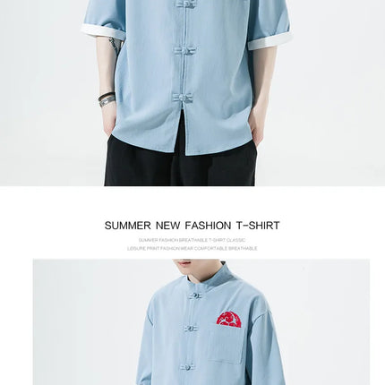 Camicie Retrò da Uomo Ricamate Stile Kung Fu Tai Chi, Camicie Casual a Maniche Corte, Stile Cinese in Lino Traspirante e Cotone per Uomo