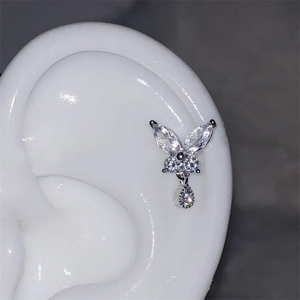 1pcs Silver Color Wing 316L Stainless Steel Ear Bone Nail for Women New Fashion Full of Rhinestone Earrings Accessories for Ear PlatiNum