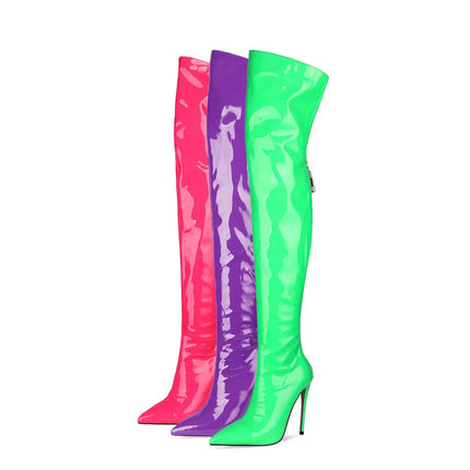 New Sexy Fashion Patent Leather Women Over Knee Boots Black White Long Boots Ladies Pointed Toe Classic High Heels Shoes Large PlatiNum