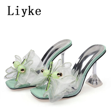 Liyke 2026 Nouvelle Mode 9CM Chaussons à Talon Transparent Filet Rose Nœud Papillon Sandales d'Été Chaussures Transparentes pour Femmes Claquettes Présentations des entreprises de fabrication de jeux