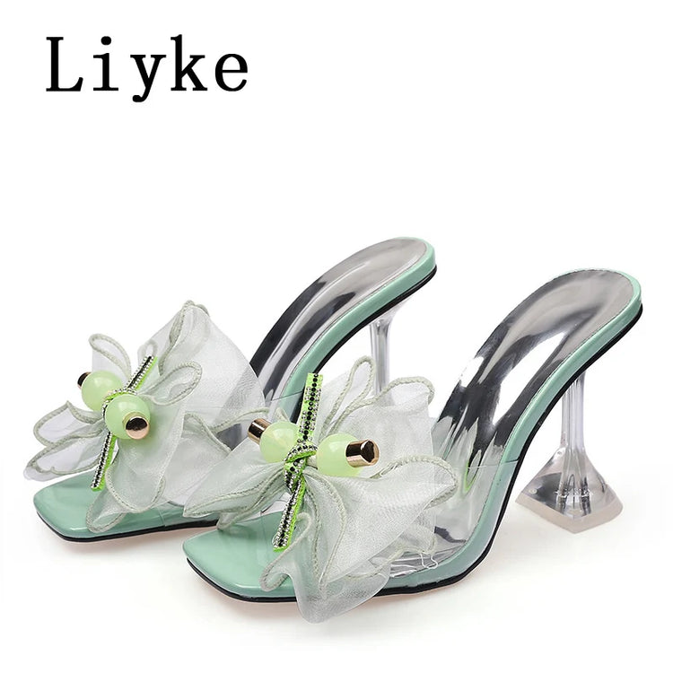 Liyke 2026 New Fashion 9CM Pantofole con tacco trasparente Filato netto rosa Bowknot Sandali estivi Scarpe trasparenti per le donne Ciabatte Presentazioni aziende produttrici giochi