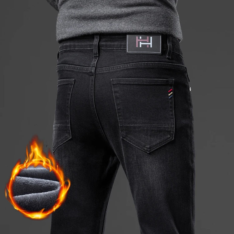 2026 New Winter Classic Brand Business Casual Velvet Plush Trousers Men Fleece Jeans Slim Straight Thicken Stretch Denim Pants