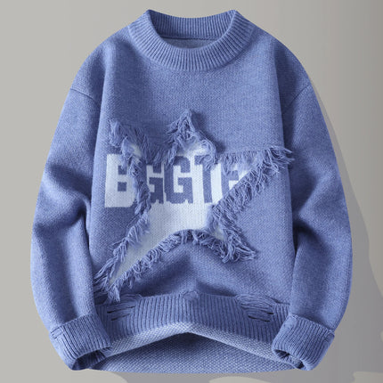 Edgy Star Fringe Knit Sweater – Distressed Lettering Crewneck for Men