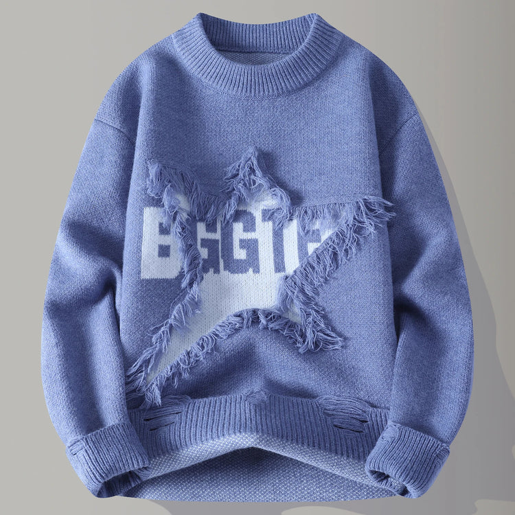 Edgy Star Fringe Knit Sweater – Distressed Lettering Crewneck for Men