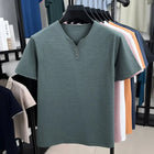 New Men's Casual and Fashionable Three Button V-neck Solid Color Short Sleeved T-shirt Summer Versatile Top PlatiNum