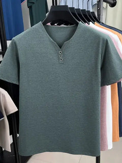 New Men's Casual and Fashionable Three Button V-neck Solid Color Short Sleeved T-shirt Summer Versatile Top