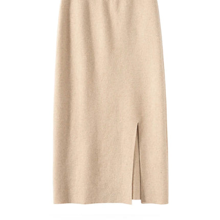 Women Pure Cashmere Long Skirts Spring Autumn Winter Straight Thick Skirts 100% Cashmere Knit Split Skirts PlatiNum