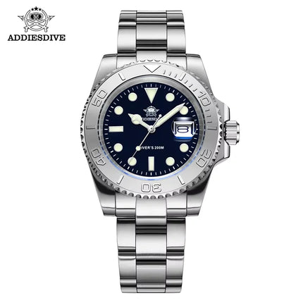 ADDIESDIVE Men's Quartz Watch 200m Waterproof Ceramic Bezel Steel Watch Magnifying Mirror Glass BGW9 Blue Luminous Diving Watch