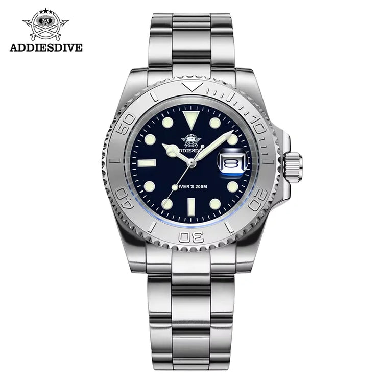 ADDIESDIVE Men's Quartz Watch 200m Waterproof Ceramic Bezel Steel Watch Magnifying Mirror Glass BGW9 Blue Luminous Diving Watch