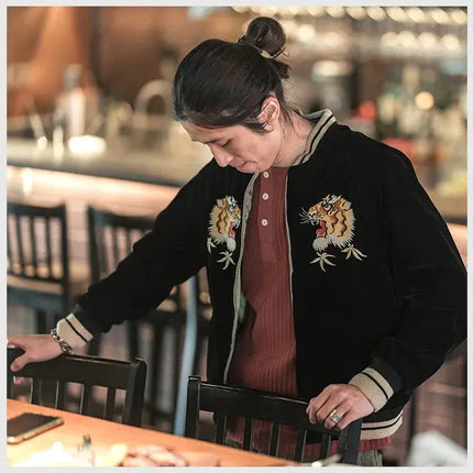 Non Stock Men's Yokosuka Baseball Jacket Dragon Tiger Falcon Embroidered Short Jacket PlatiNum
