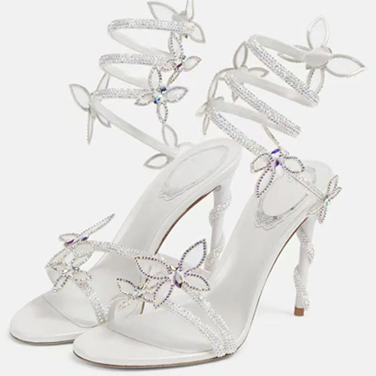 Eilyken Sexy CRYSTAL Flower Thin High Heels Women Sandals Street Style Narrow Band Ankle Strap Pole Dancing Ladies Shoes PlatiNum