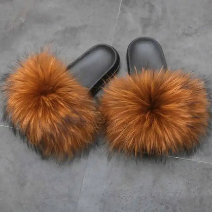 Real Raccoon Fur Slippers for Women 2023 Summer Fluffy Indoor Home Fuzzy Flat Slides Outdoor Fashion Beach Sandals Flip Flops