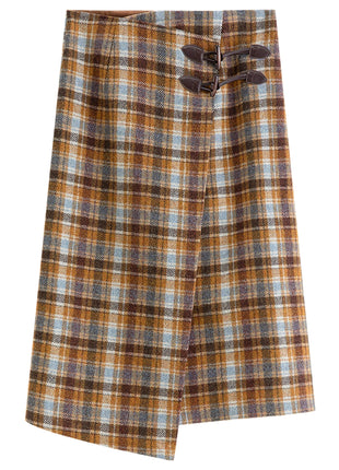 FSLE Vintage College-Inspired Asymmetrical Slit Skirt for Women Winter 2025 New Arrival Versatile Slim-Fit Design Plaid Skirts PlatiNum