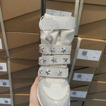 Women Rhinestone High Top Sneakers Hidden Wedge Heel Shoes Star Decor Hook & Loop Fashion Platform Ankle Boots