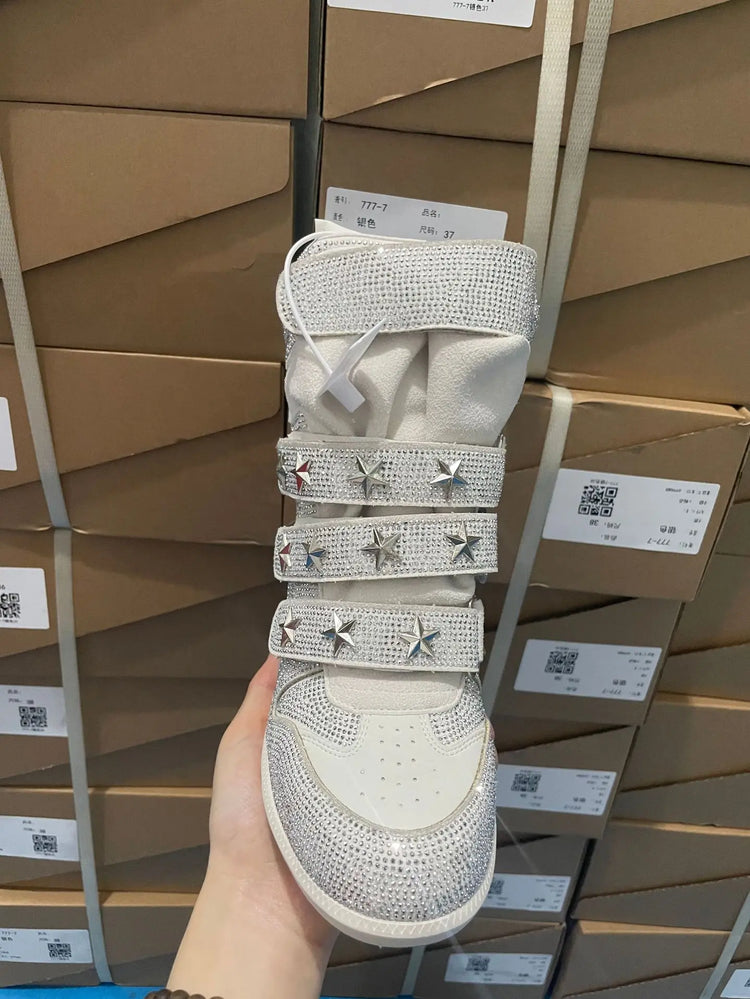 Women Rhinestone High Top Sneakers Hidden Wedge Heel Shoes Star Decor Hook & Loop Fashion Platform Ankle Boots