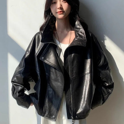 Waxed Sheepskin Genuine Leather Moto Biker Jacket Women Cropped Stand Collar Zip Up Snap Button Loose Casual Autumn Outwear 2026