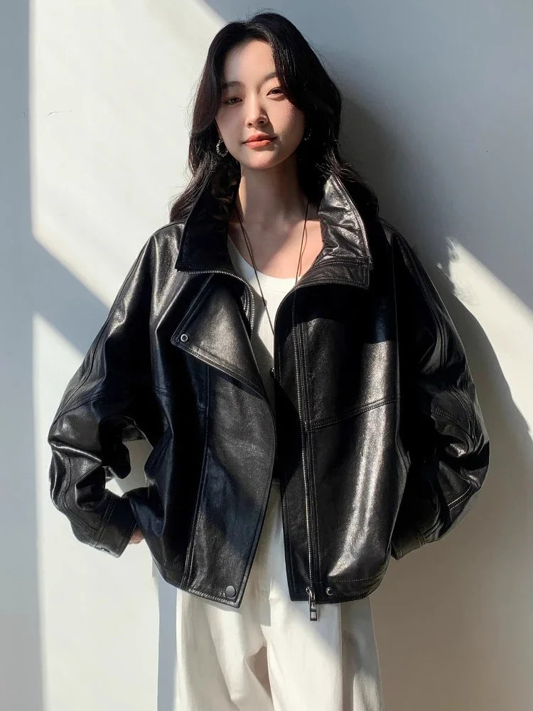 Waxed Sheepskin Genuine Leather Moto Biker Jacket Women Cropped Stand Collar Zip Up Snap Button Loose Casual Autumn Outwear 2026