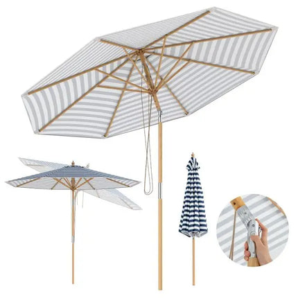 Bamboo Patio Umbrella with Push Button, Polyester Canopy, 8 Rustic Bamboo Ribs, Wind Resistant, Outdoor Sunshade for Garden, Poolside, Beach
