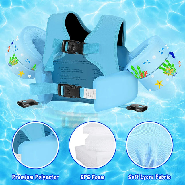 Kids Swim Vest for Toddlers Floaties for Swimming Armbands 15-70 lbs Cartoon Swim Water Wings with Crotch Strap Child Pool Floats Vest