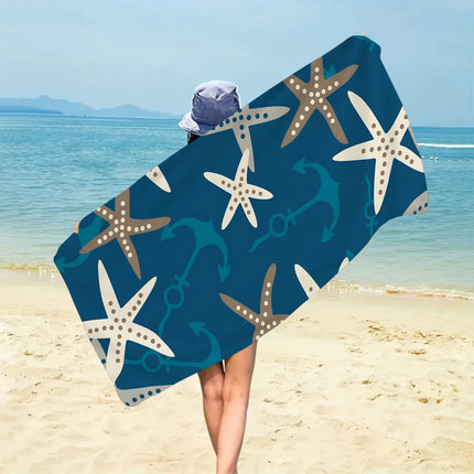 1pc Ocean Element Printed Beach Towel, Starfish Boat Anchor Gym Workout Towel For Travel Pool Yoga