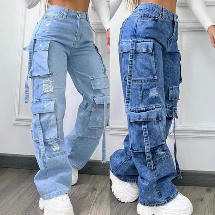 Nuovi Jeans da Donna 2026 alla Moda, Tinta Unita, Casual, Stile Workwear, in Denim, a Vita Alta, Multitasche, Vestibilità Ampia, Versatili, Taglie Forti