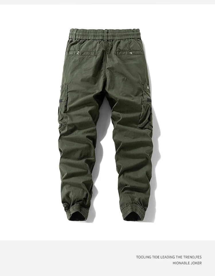 Men Zipper Flap Cargo Jogger Pants Elastic Drawstring Waist Cuffed Hem Wear Resistant Tactical Outdoor Trousers539